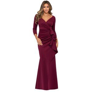 NWT Xscape Petite Scuba V-Neck Ruched Ruffled Gown Dress 4452XP Wine Red 8P